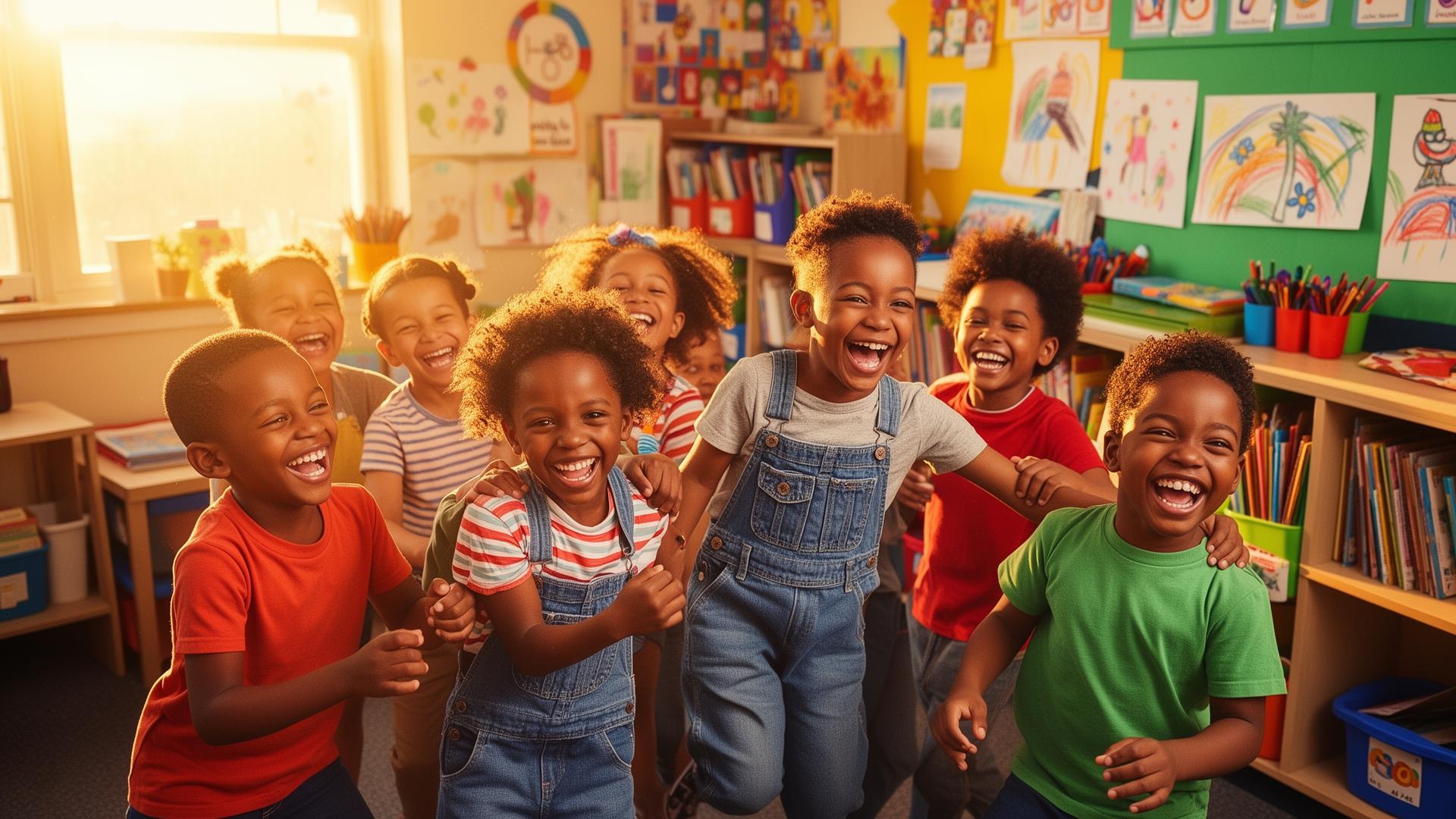 Black children laughing and playing together in a colorful classroom